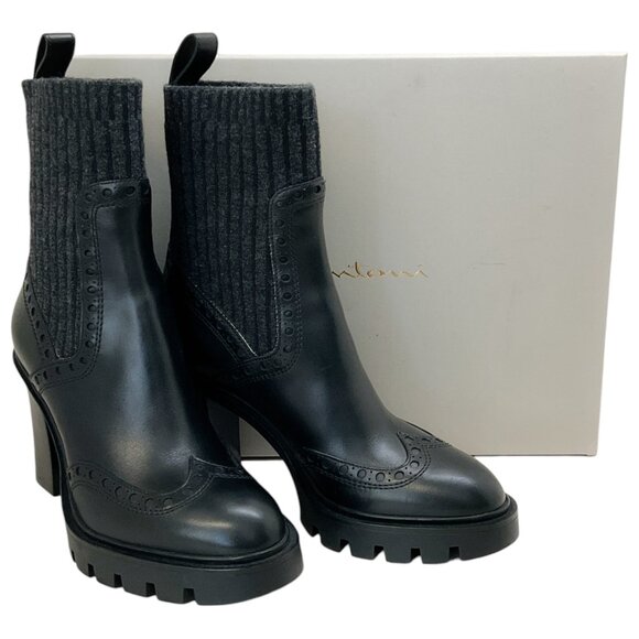 Santoni Black Leather Ferric Wing Tip Sock Booties - Picture 6 of 8
